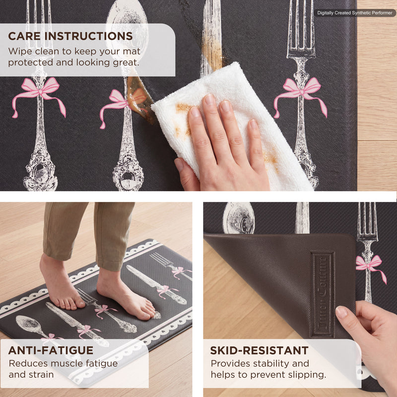 A hand wipes a spill from the decorative Kitchen Wellness Mat. Other images show someone standing barefoot on the mat and a corner lifted to reveal its skid-resistant back. Text highlights care, anti-fatigue, and skid-resistant features.