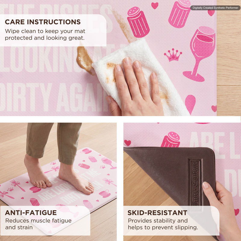 A hand wipes up a spill on a pink Kitchen Wellness Mat, while a person stands barefoot on its cushioned surface; the mat’s corner is lifted to reveal its brown underside. Text highlights easy-care instructions, anti-fatigue support, and skid-resistant features, emphasizing the comfort and practicality of this Kitchen Wellness Mat.
