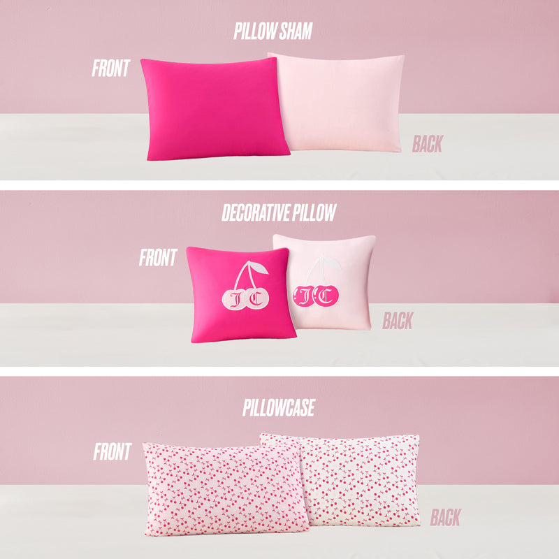 Three rows show two pillows each from the Cherry Reversible Bed in a Bag: “Pillow Sham” with hot and light pink; “Decorative Pillow” with cherries and initials; “Pillowcase” in white with pink polka dots.