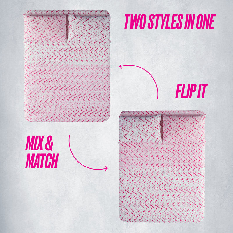 Overhead view of a bed with the Cherry Reversible Bed in a Bag Bedding Set, featuring two unique patterns. Arrows and text highlight Two Styles in One, Flip It, and Mix & Match for versatile all-season bedding.