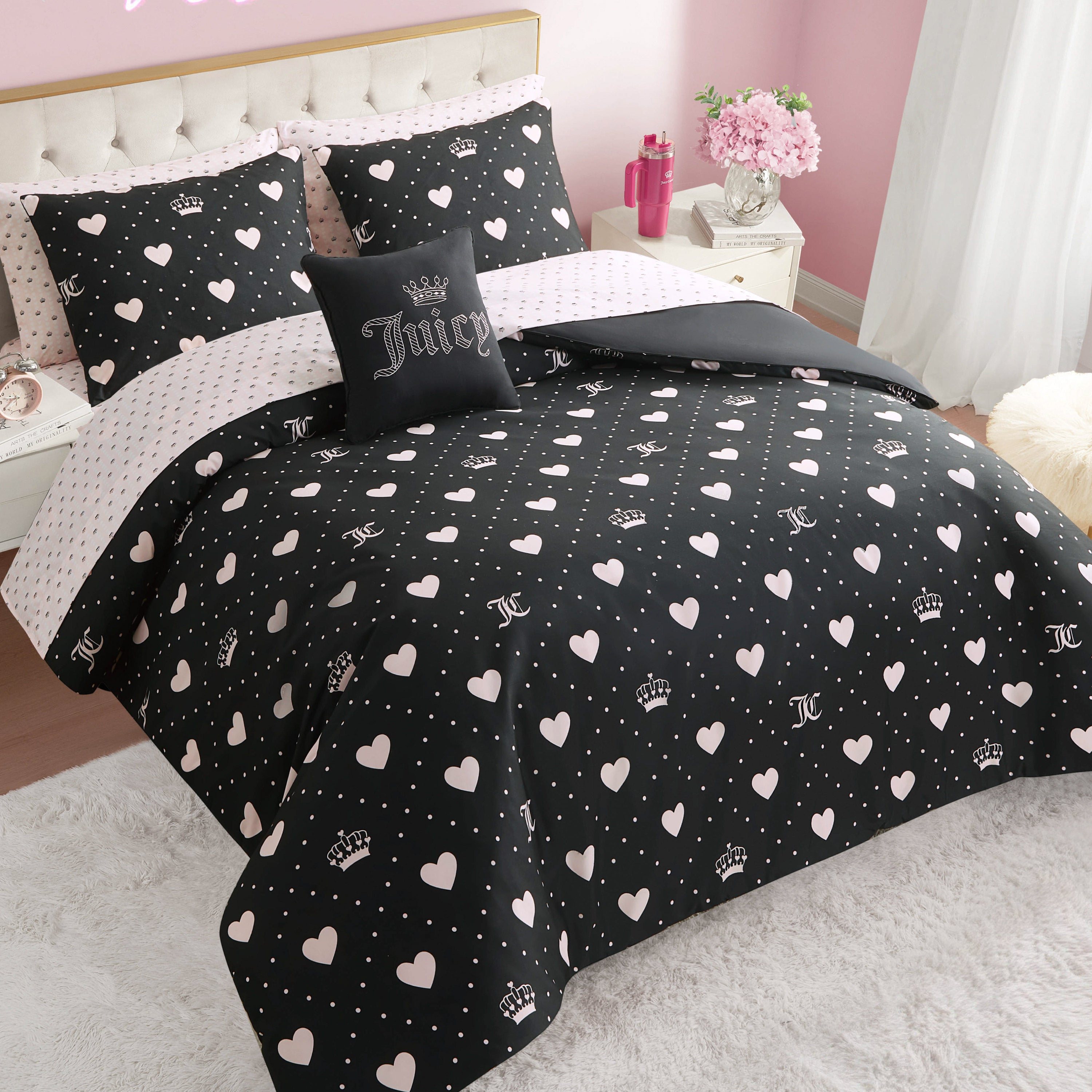 Juicy Couture Diamond Hearts Black Comforter Bed in a Bag Bedding Set