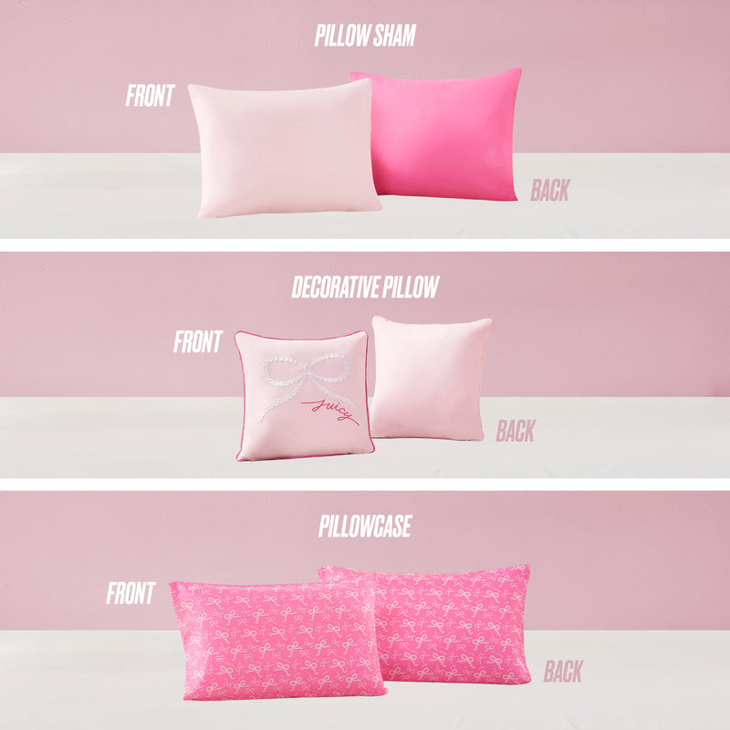 Three sections compare pink bedding: a solid light/dark pink pillow sham, a light pink decorative pillow with design and text, and a patterned pink pillowcase—perfect for a designer-inspired room or pairing with the Pearly Bows Reversible Bed in a Bag Bedding Set.
