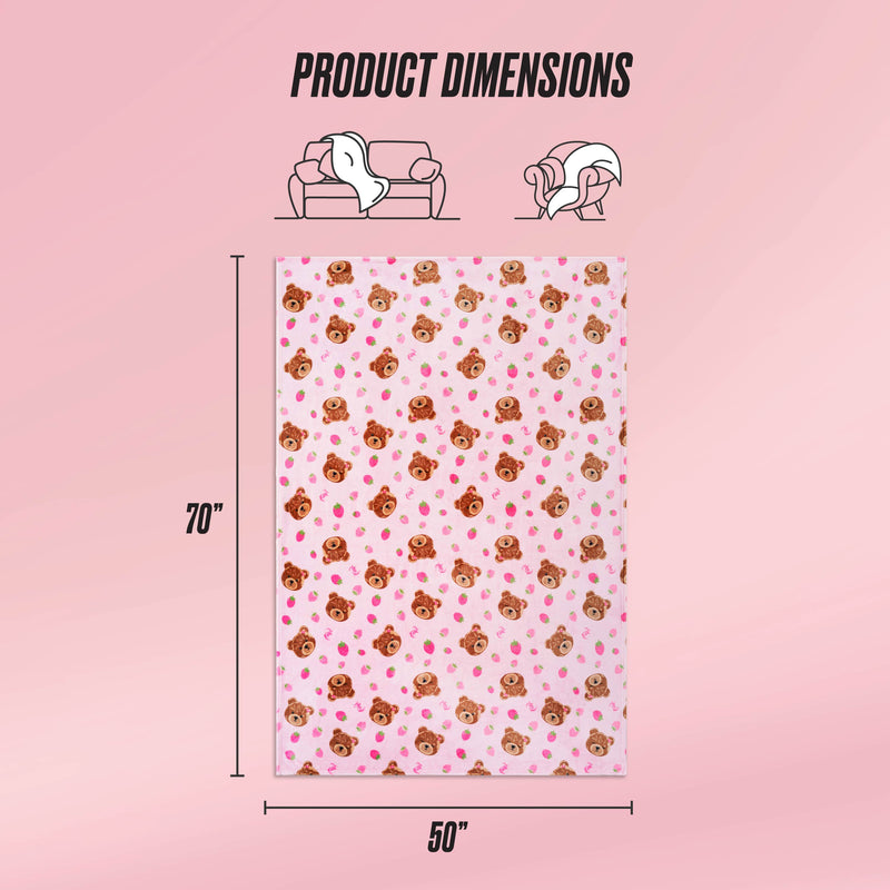 The Kids Plush Throw Blanket is an ultra-soft pink blanket with a cute bear and heart pattern, shown flat with labeled dimensions of 70" x 50". Icons above show it draped over a couch and over a person.