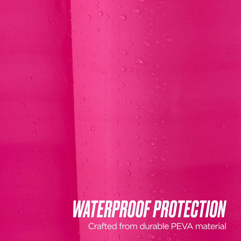 Close-up of a bright pink PEVA Shower Curtain Liner with water droplets, featuring "WATERPROOF PROTECTION" in bold white letters at the bottom right.