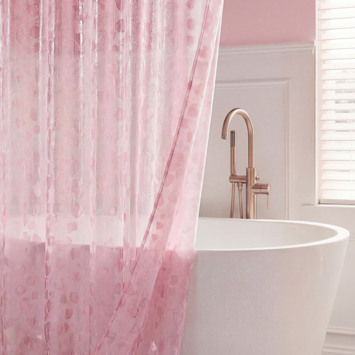 A white bathtub with a gold faucet sits behind a sheer pink PEVA Shower Curtain Liner in a softly lit bathroom with light pink walls and a window with white blinds.