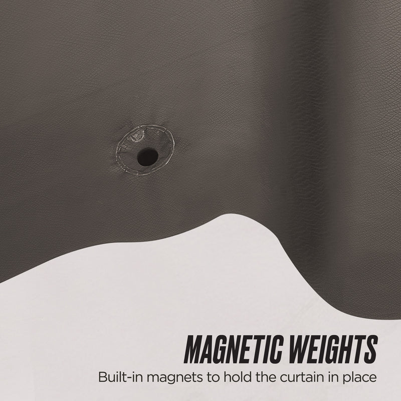 Close-up of the PEVA Shower Curtain Liner, featuring a dark, waterproof material with metal ring and stitched hole. Built-in magnetic weights keep the curtain in place. Text reads "MAGNETIC WEIGHTS" on a white background.