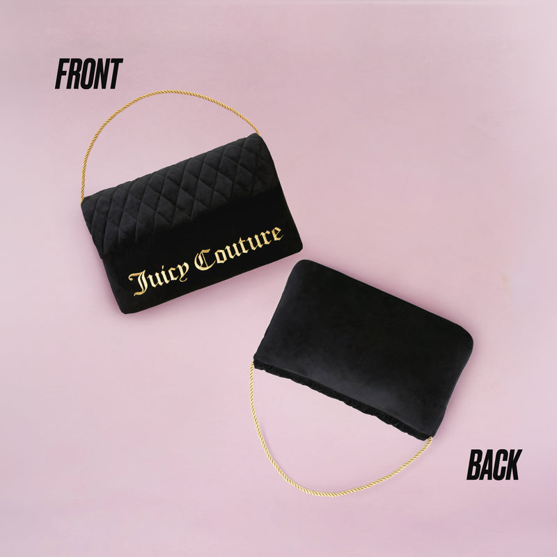 The Purse Decorative Pillow is shown on a pink background. The front features a quilted black design with gold Juicy Couture lettering and chain strap, while the plain velvet back resembles a chic purse. FRONT and BACK are labeled.