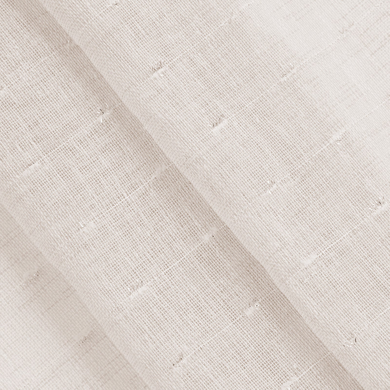 A close-up of the Aurora Sheer Window Curtain shows light beige, textured linen with a slightly open weave and visible threads, neatly folded in layers—perfect for creating soft, airy window treatments.