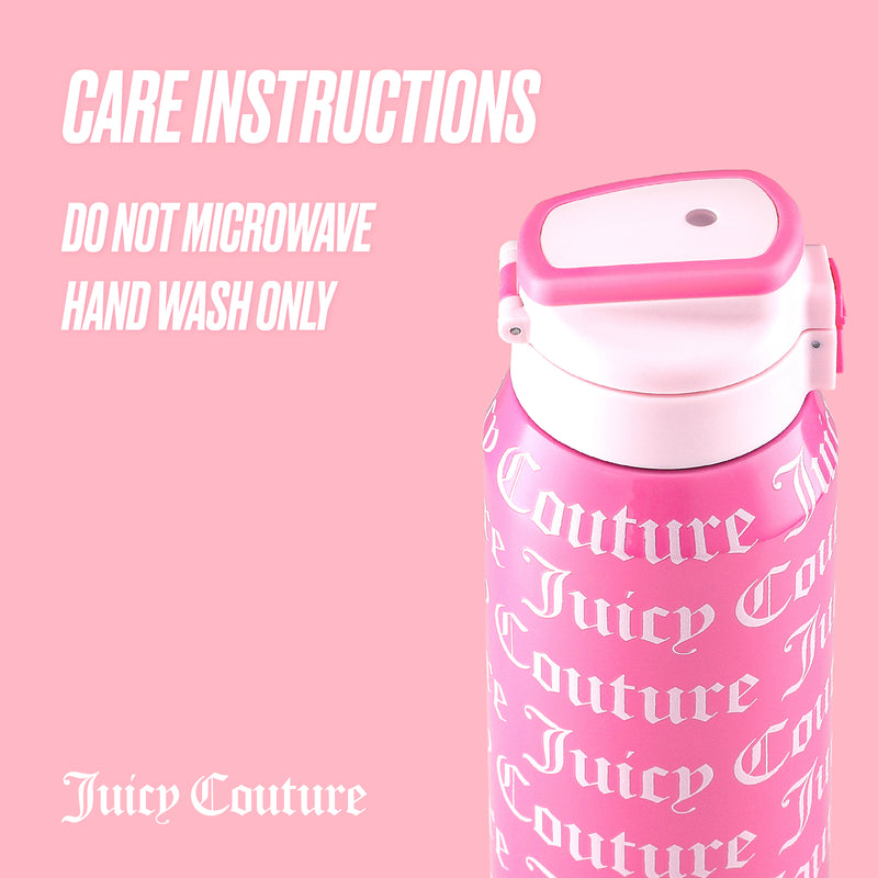 A pink Glam Getaway Hydration Stainless Steel Tumbler by Juicy Couture with white text is shown on a pink background. CARE INSTRUCTIONS: DO NOT MICROWAVE, HAND WASH ONLY. Juicy Couture logo appears at the bottom of this 32oz tumbler.