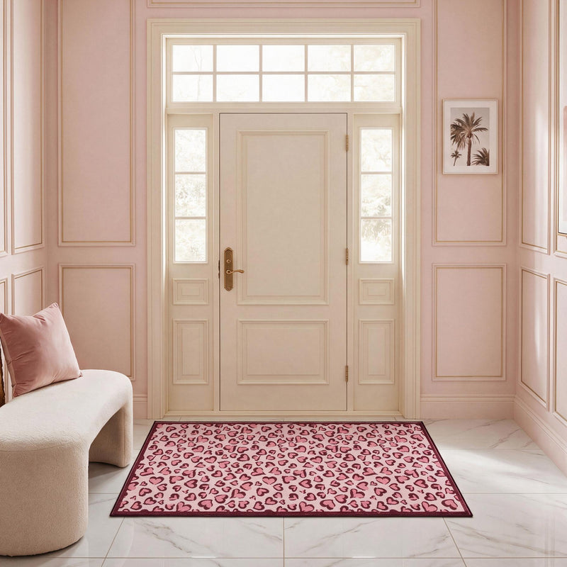 Finley Washable Rug, 2′ x 4′, with an ultra-soft pink and red heart pattern displayed on a marble entryway floor.