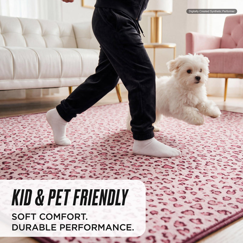 A person walking and a small white dog jumping on an ultra-soft, pink leopard print Finley Washable Rug, 2′ x 4′.