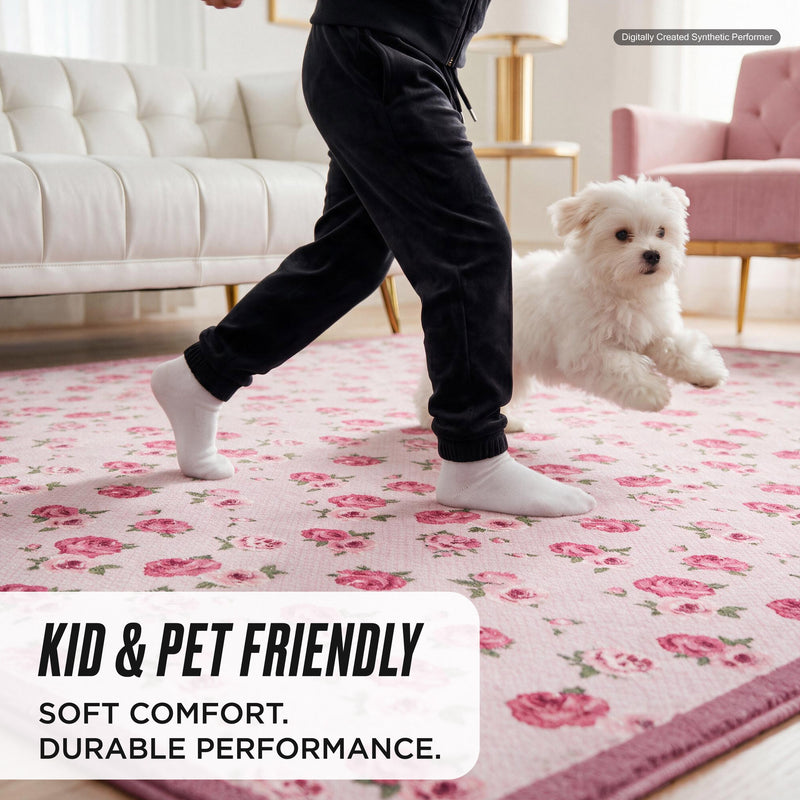 A person in socks and a small white dog run across a rectangular, ultra-soft Finley Washable Rug, 2′ x 4′ with a floral pattern and text that reads: Kid & pet friendly, soft comfort, durable performance.