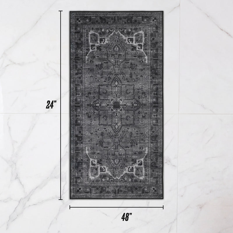Finley Washable Rug, 2′ x 4′, ultra-soft rectangular gray rug with an ornate traditional pattern.