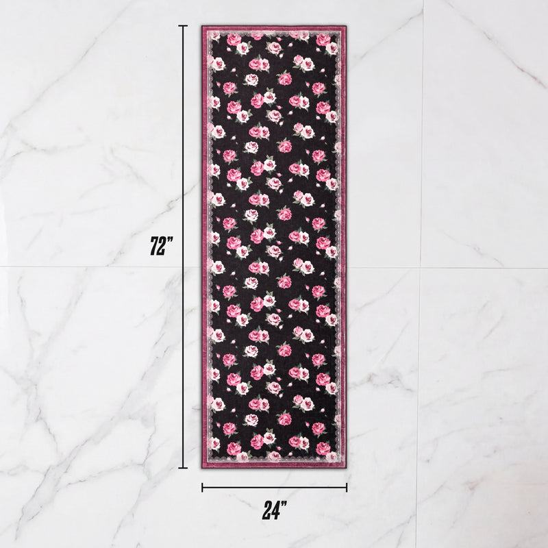 Finley Washable Rug, 2′ x 6′ rectangular runner with an ultra-soft black background featuring a pink rose pattern.