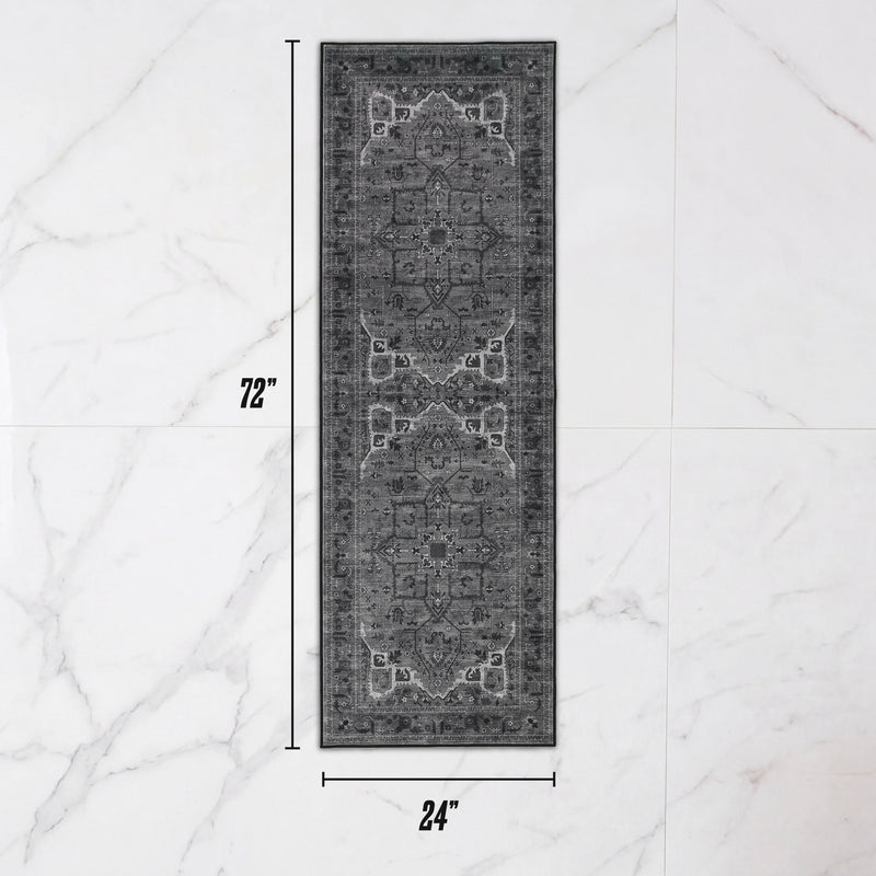 Finley Washable Rug, 2′ x 6′, a rectangular ultra-soft runner with a gray ornate traditional pattern, shown on a marble floor with 24-inch and 72-inch dimension markers.