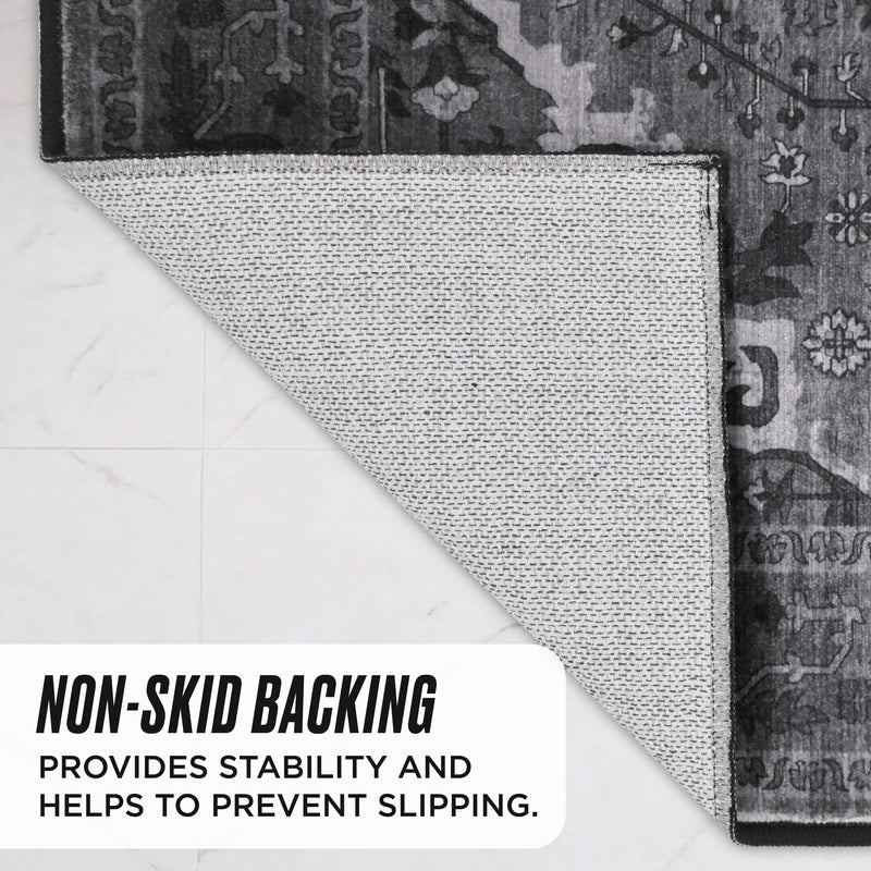 Corner of a grey patterned Finley Washable Rug, 2′ x 6′ folded back to show its white non-skid backing, with text reading: Non-skid backing provides stability and helps to prevent slipping.