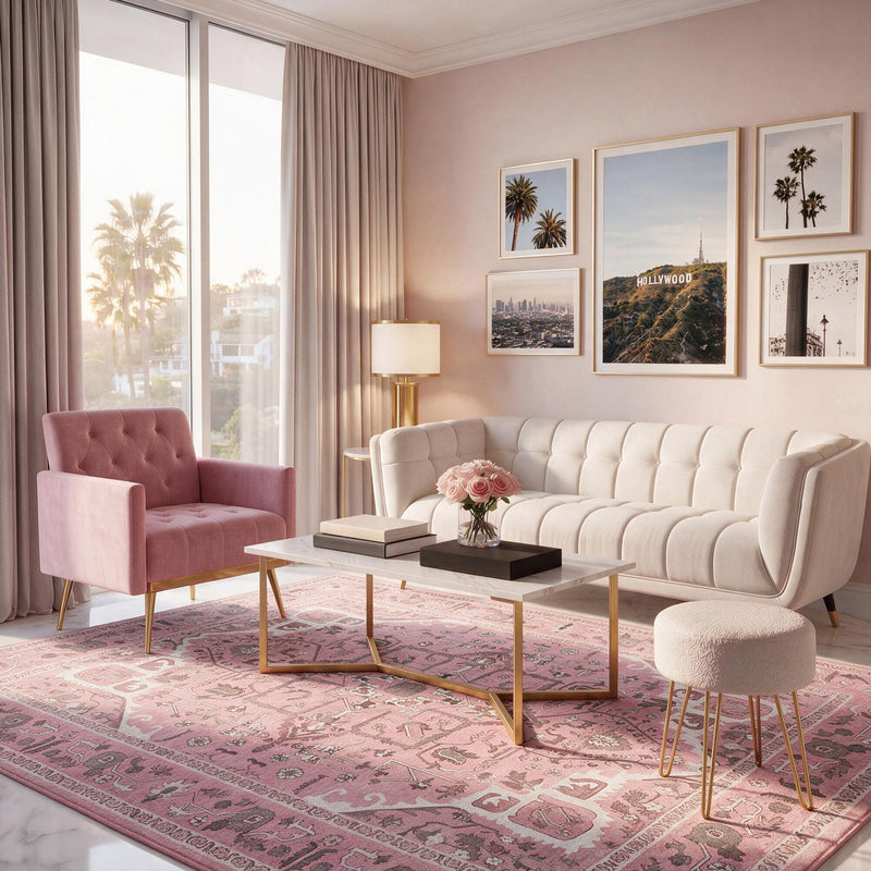 A rectangular, ultra-soft Finley Washable Rug, 5′ x 7′ with an ornate, faded pink and white medallion pattern centered in a living room under a white sofa and marble coffee table.