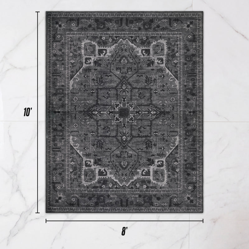 Finley Washable Rug, 8′ x 10′, featuring an ultra-soft rectangular design with a grey and charcoal traditional Persian-style pattern.