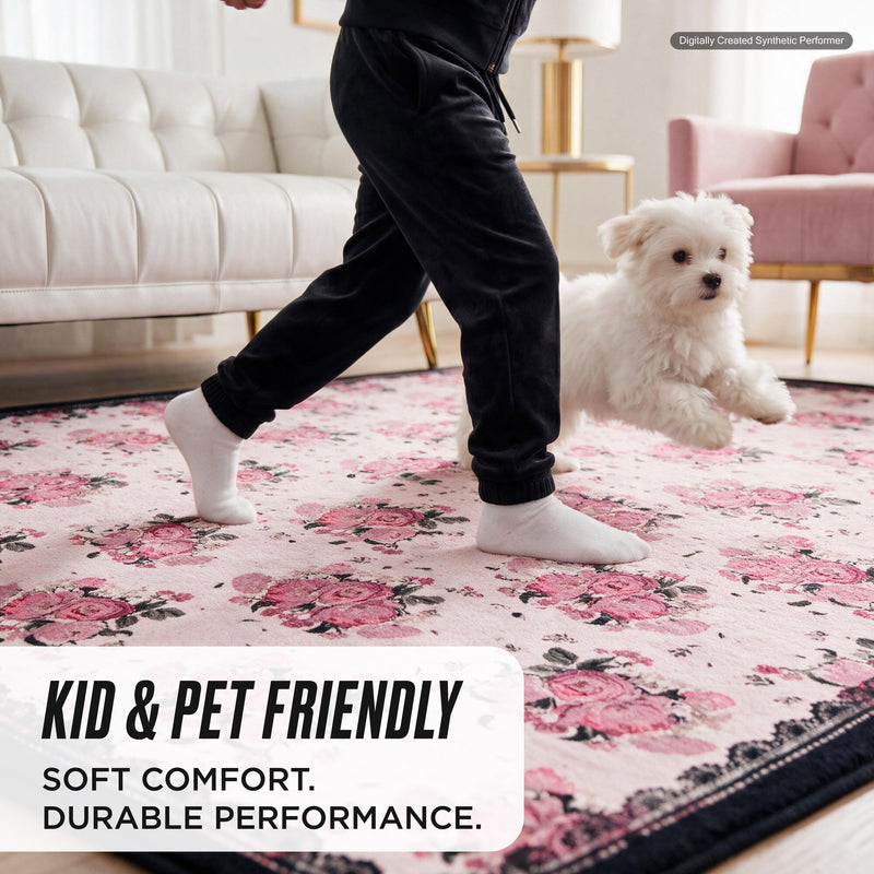 A person and a small white dog walk across a Finley Washable Rug, 2′ x 6′, an ultra-soft rectangular rug with a vintage floral pattern and dark border. Text on the image reads: Kid & pet friendly, soft comfort, durable performance.