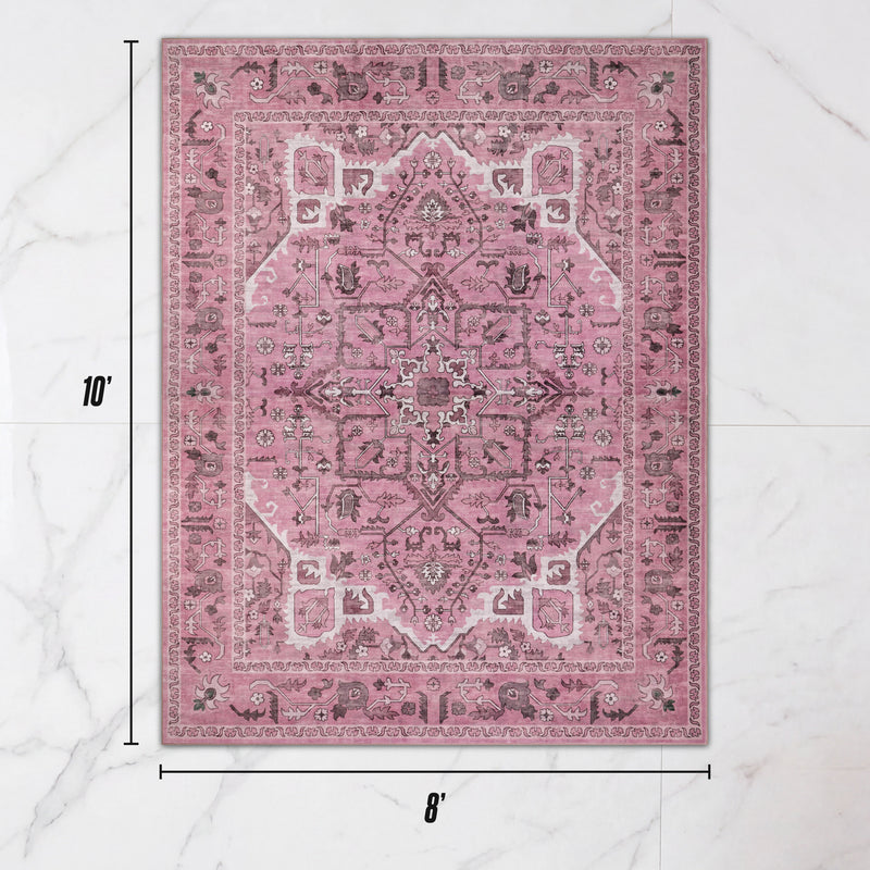 Finley Washable Rug, 8′ x 10′, featuring a traditional pink, gray, and white floral pattern in an ultra-soft, machine-washable, rectangular design.