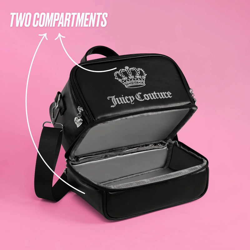 A black Double Zip Chill Cooler Bag by Juicy Couture, featuring a silver crown logo and two spacious zippered compartments, is displayed open on a pink background. White arrows and text emphasize the TWO COMPARTMENTS in this stylish, insulated lunch tote.