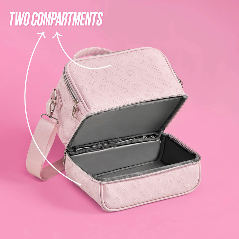 A light pink Double Zip Chill Cooler Bag by Juicy Couture features a shoulder strap and is shown open, displaying its two compartments. The pink background has white text pointing to the sections, reading TWO COMPARTMENTS. This stylish double zip lunch tote keeps your food organized and easily accessible.