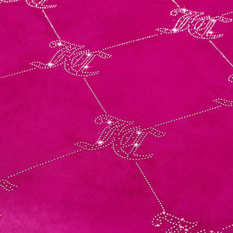 Featuring a vibrant pink velvet surface adorned with a repeating diamond pattern of dotted lines, each enclosing an ornate, intertwined “WC” monogram rendered in sparkling white dots, the Velvet Rhinestone Logo Link Bling Comforter Set brings to mind plush velour bedding and iconic Juicy Couture comforters. The design creates a textured, luxurious appearance reminiscent of glamorous rhinestone logo embellishments.