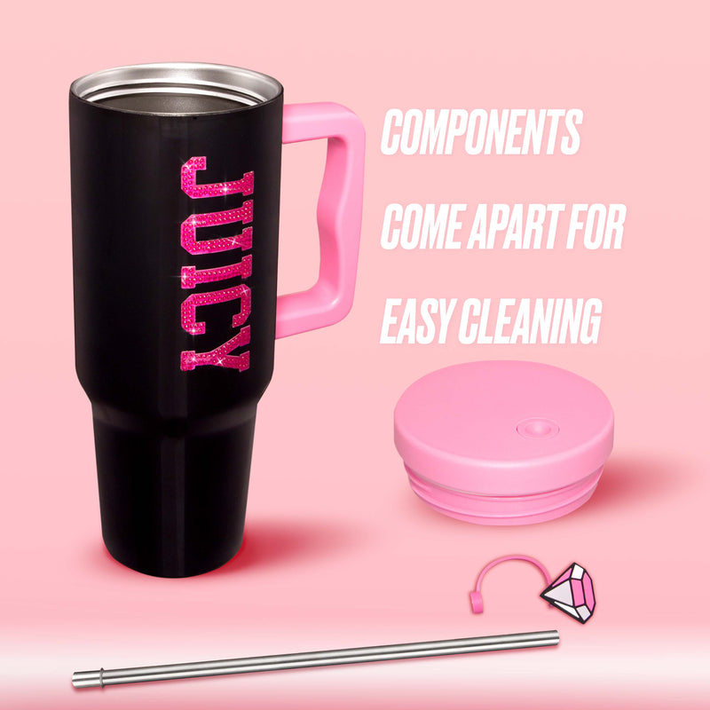A black and pink GoGlam Hydration Bling Stainless Steel Tumbler with Handle and Straw with Topper (40 oz) is shown with a pink lid, reusable straw, and diamond-shaped charm, all set against a pink background. Text reads: Components come apart for easy cleaning. Cup-holder-friendly design ensures you can take it anywhere with ease.