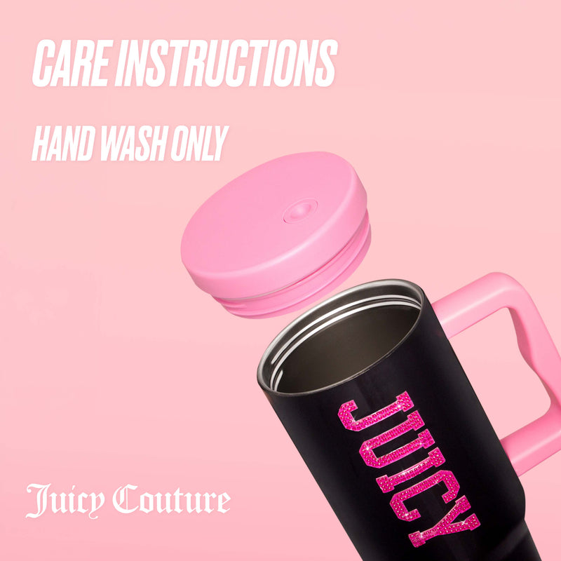 Featured is the GoGlam Hydration Bling Stainless Steel Tumbler with Handle and Straw with Topper, 40 oz, in black with a pink lid and handle. This insulated travel mug displays “JUICY” in pink glitter text and includes a convenient cup-holder-friendly design for easy on-the-go hydration. Pair it with a reusable straw for added convenience. The backdrop is pink, displaying the white texts “CARE INSTRUCTIONS HAND WASH ONLY” and “Juicy Couture.”.