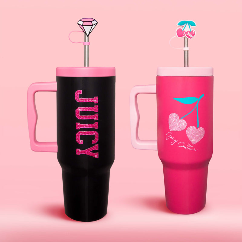 Enjoy ultimate style and hydration with the GoGlam Hydration Bling Stainless Steel Tumbler with Handle and Straw Topper, 40 oz. This set features two large, cup-holder-friendly tumblers: one sleek black tumbler with bold pink JUICY lettering and another in pink adorned with glittery cherry graphics and Juicy Couture text. Each insulated stainless steel design keeps your drinks perfectly hot or cold, and comes complete with a handle plus a decorative reusable straw topper—against a chic pink background.