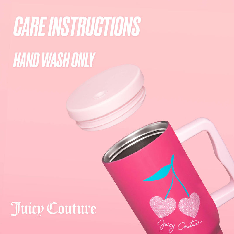 A pink GoGlam Rhinestone Tumbler with Handle, Straw, and Topper, featuring a cherry design above the lid, in the style of an insulated stainless steel tumbler. Text reads: Care instructions: hand wash only. GoGlam. Pink background.