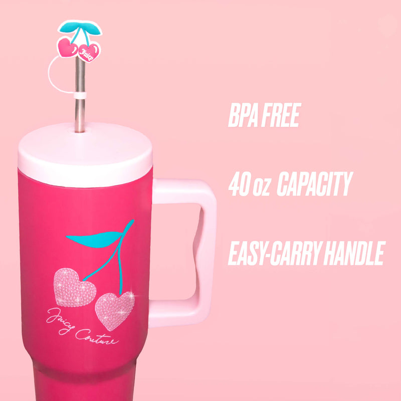 Introducing the GoGlam Rhinestone Tumbler with Handle Straw and Topper—a vibrant pink insulated stainless steel tumbler featuring a cherry pattern, reusable straw with a cherry-shaped topper, and a sturdy pink lid. Text on the tumbler highlights its BPA FREE construction, 40 oz CAPACITY, EASY-CARRY HANDLE, and is adorned with Juicy Couture branding.