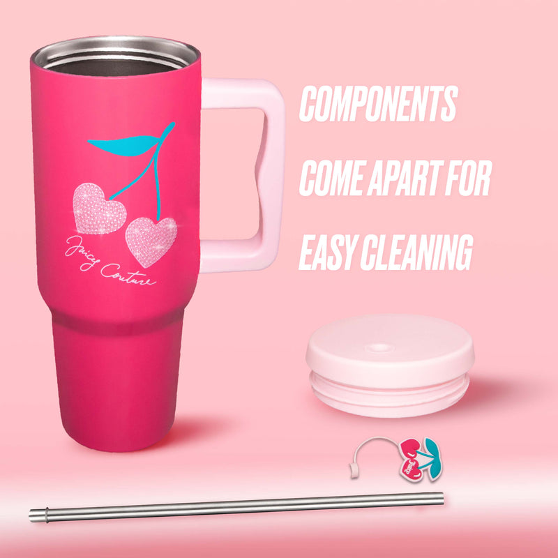 The GoGlam Rhinestone Tumbler with Handle, Straw, and Topper—featuring a pink cherry design, removable pink lid, reusable straw, and silicone straw cover—is arranged on a pink background with text: Components come apart for easy cleaning.