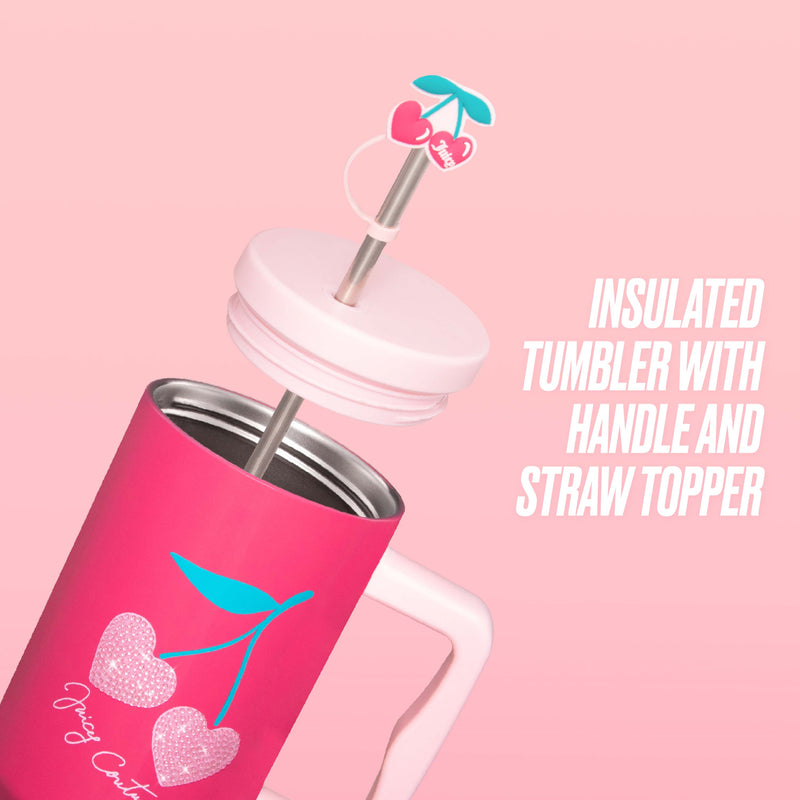 GoGlam Rhinestone Tumbler with Handle features a pink insulated stainless steel body adorned with cherries and sparkling rhinestones. It comes complete with a matching lid and reusable straw topped with a cherry-shaped design, offering both style and comfort. Text reads: Insulated tumbler with handle and reusable straw topper.