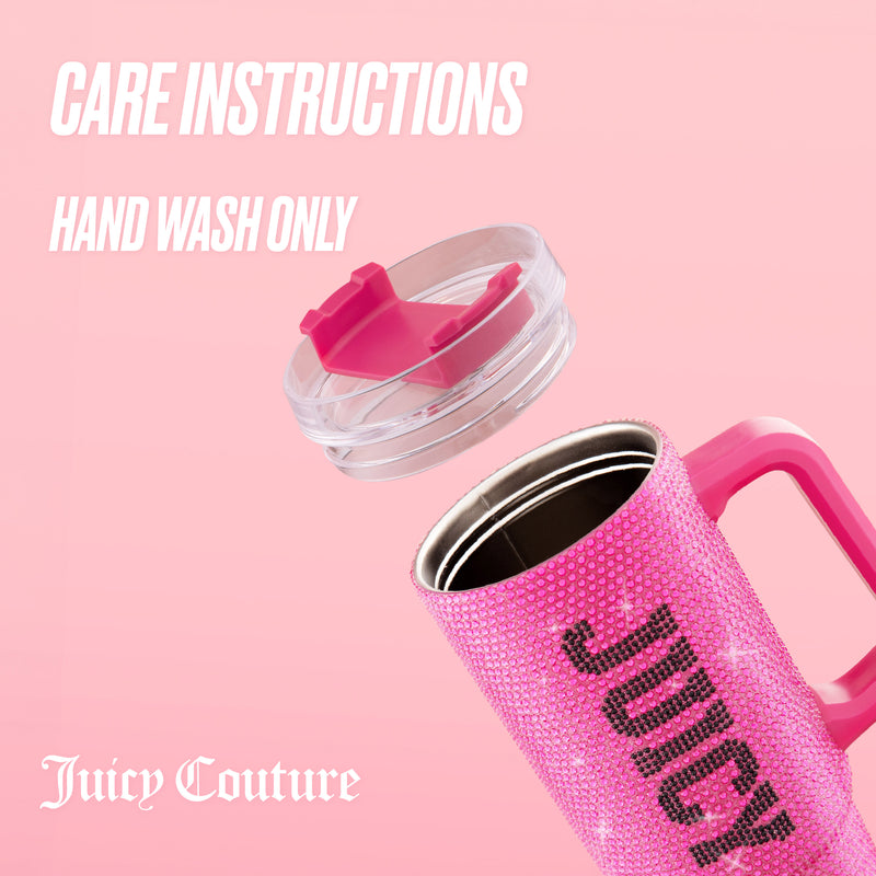 A BlingSip Rhinestone Tumbler with Handle Straw and Topper, featuring a pink rhinestone exterior and matching pink lid, is displayed against a pink background. Text reads: CARE INSTRUCTIONS HAND WASH ONLY. “Juicy Couture” appears at the bottom in white script, making this insulated stainless steel tumbler both stylish and functional.