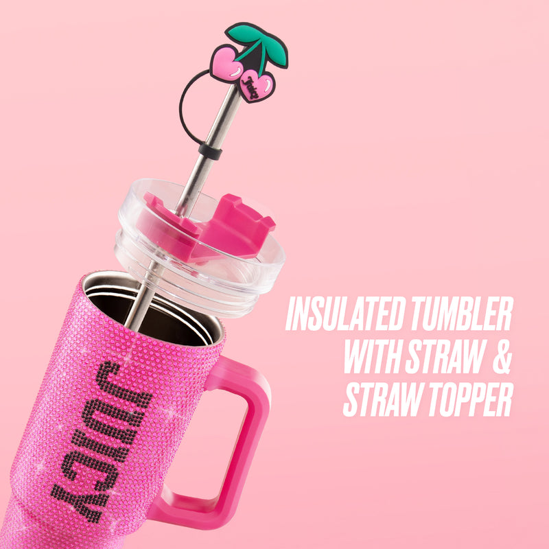 A pink BlingSip Rhinestone Tumbler with a handle, sparkling rhinestone texture, straw, and cherry-shaped straw topper. Text reads: INSULATED TUMBLER WITH STRAW & STRAW TOPPER.