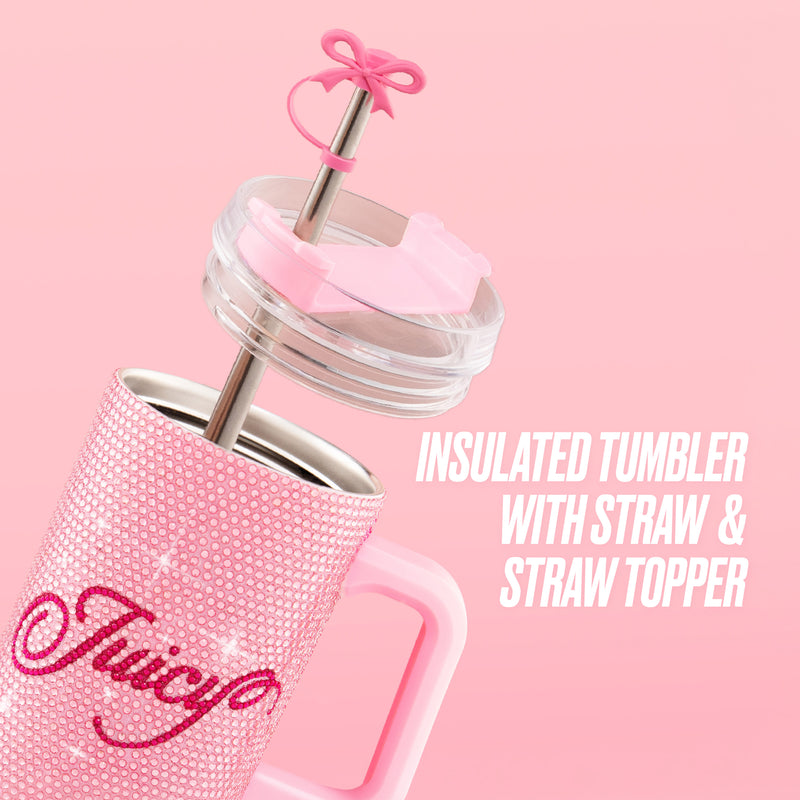 Meet the BlingSip Rhinestone Tumbler with Handle, Straw, and Topper: a pink insulated stainless steel tumbler adorned with sparkling rhinestones, complete with a straw and a chic bow-shaped topper. Featuring the word “Juicy” on its surface, it’s the ideal Juicy Couture tumbler for stylish sips. Text reads: Insulated Tumbler with Straw & Straw Topper.