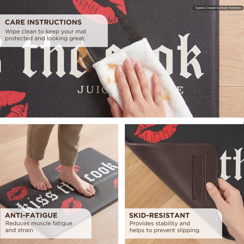 A person wipes the Kitchen Wellness Mat with a cloth; close-ups show someone standing on it and lifting a corner to highlight the Kitchen Wellness Mat’s anti-fatigue support and skid-resistant features. Text provides care instructions.