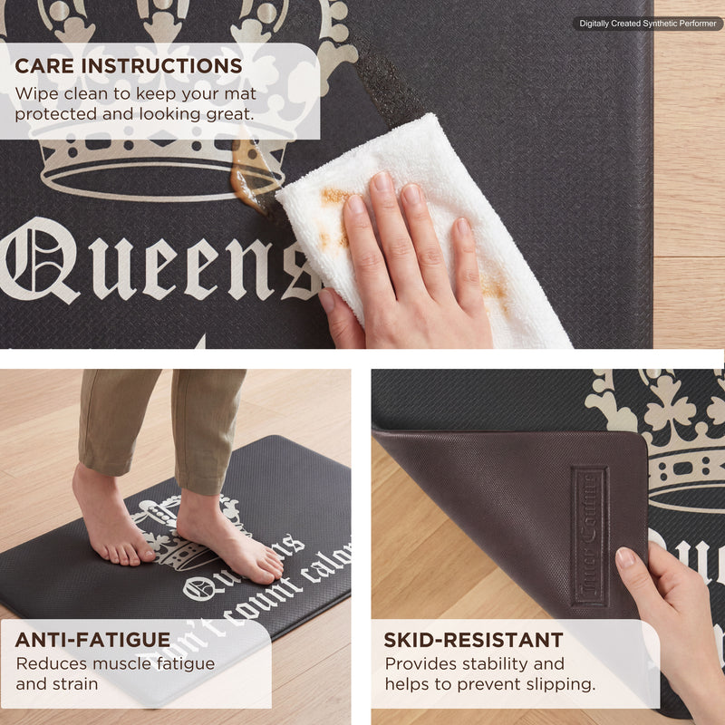 A person wipes a dark mat with a white cloth. Insets display feet standing on the cushioned Kitchen Wellness Mat, a close-up of its textured backing, and text detailing care instructions, anti-fatigue benefits, and skid resistance. Ideal as a kitchen floor mat, the Kitchen Wellness Mat delivers both comfort and style.