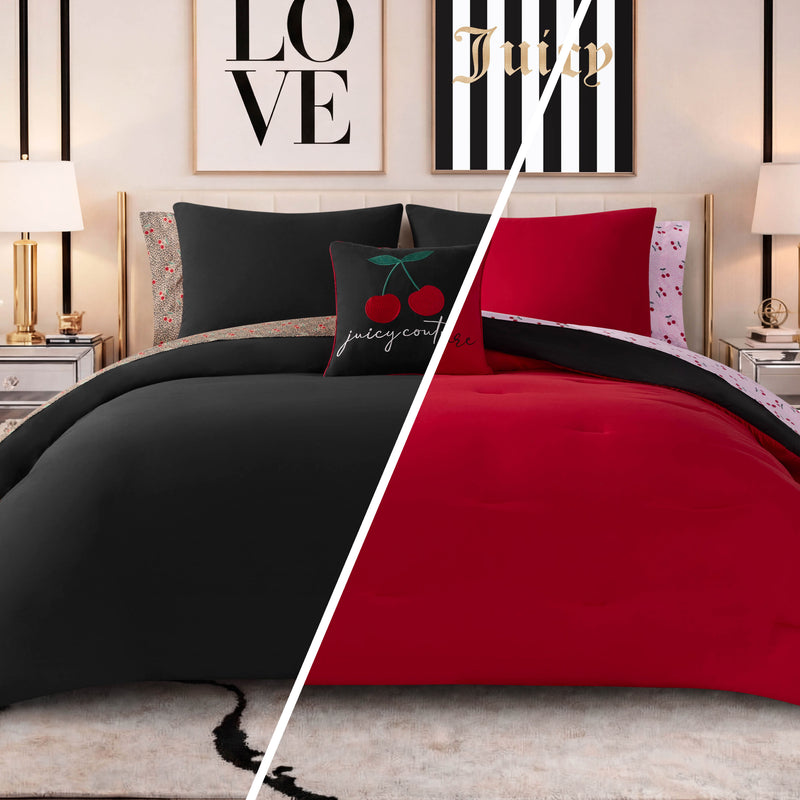 A split image showcases two beds featuring the Cherry Toss Cheetah Solid Reversible Comforter Bed in a Bag Bedding Set: on the left, black Juicy Couture bedding is paired with floral sheets and a cherry pillow, while the right displays the bold cherry cheetah reversible comforter with a matching cherry pillow. LOVE and Juicy wall art hang above each bed, and bedside tables with lamps complete this chic looking setup.