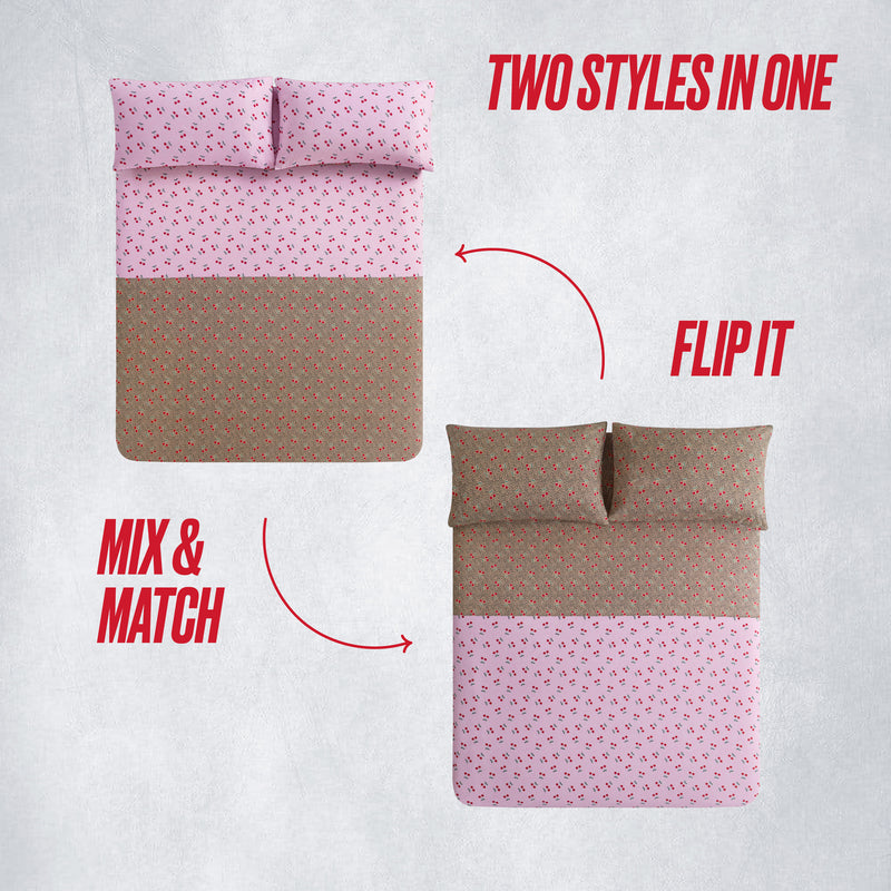Overhead view of the Cherry Toss Cheetah Solid Reversible Comforter Bed in a Bag Bedding Set, featuring one pink patterned side and one brown side with small designs. Red text reads Two styles in one, Flip it, and Mix & Match.