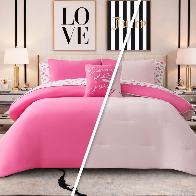 A bedroom with a split image featuring the Dreaming of You Solid Reversible Comforter Bed in a Bag Bedding Set in bold pink on the left and a faded version on the right, accompanied by decorative pillows, two lamps, and framed wall art reading LOVE and Juicy above the bed. The soft microfiber bedding’s reversible comforter brings both style and comfort to the space.