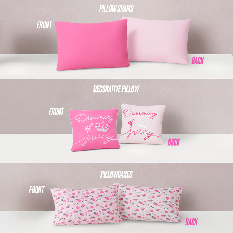 Three rows feature items from the Dreaming of You Solid Reversible Comforter Bed in a Bag Bedding Set, including pillow shams, a decorative pillow, and pillowcases adorned with pink hues and lively patterns showcasing “Dreaming of Juicy” text and lips graphics. Each row presents both front and back views of these microfiber bedding essentials, making them perfect for adding vibrant character to your reversible comforter set.