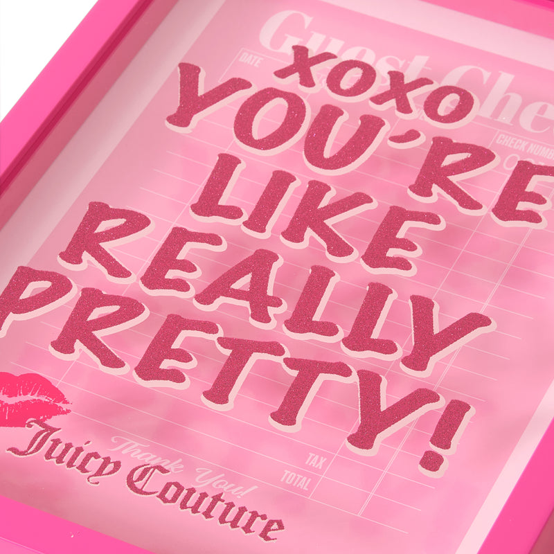 Add a splash of playful glamour to your space with the Shadow Box Wall Art, 12″ x 16″. This stylish piece features a pink frame and bold pink glitter text reading “XOXO YOU’RE LIKE REALLY PRETTY!” Inspired by fashion, it’s finished with Juicy Couture branding and a red lipstick kiss mark at the bottom. The unique shadow box design brings dimensional artwork and signature flair to any room.