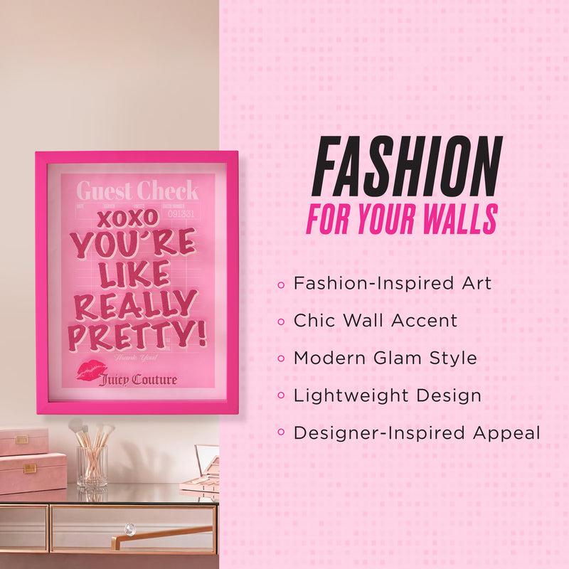 The Shadow Box Wall Art, 12″ x 16″, features a pink art print in a frame that reads “XOXO YOU’RE LIKE REALLY PRETTY!” Highlighted features include fashion-inspired wall art, a chic accent, modern glam style, lightweight design, and designer-inspired appeal—making it the perfect choice for those seeking dimensional artwork reminiscent of a Juicy Couture shadow box.
