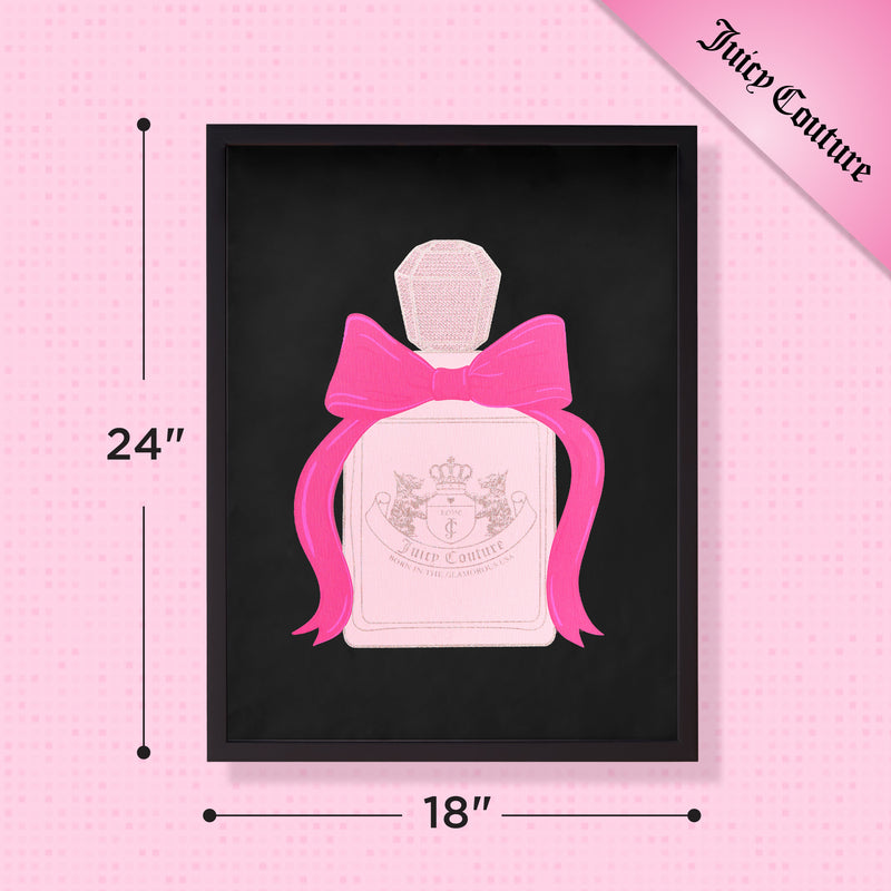 Shadow Box Wall Art, 18″ x 24″, showcases a stylish perfume bottle accented with a large pink bow and set against a playful pink polka dot backdrop. Elegant “Juicy Couture” text adorns the top right corner, adding extra chic to this fashion-inspired framed artwork.