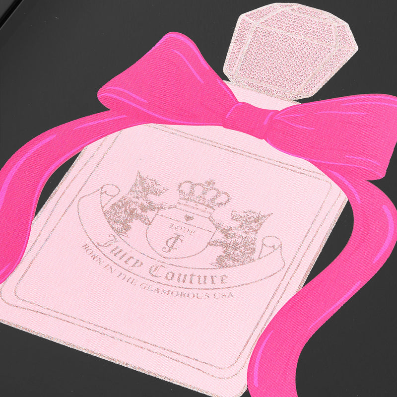 Featuring a stylish illustration of a pink perfume bottle adorned with a large pink bow, two cats, a crown, and the words “Juicy Couture Born in the Glamorous USA” on its label—all set against a sleek black background—this Shadow Box Wall Art (18″ x 24″) is the perfect fashion-inspired piece to elevate your Juicy Couture-themed wall décor.