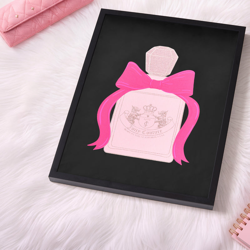 Add a touch of chic style to your space with this Shadow Box Wall Art (18″ x 24″), featuring a framed illustration of a pink perfume bottle adorned with a bright pink bow on a white fur surface. Surrounded by a pink quilted accessory and a spiral notebook, this composition channels Juicy Couture elegance—an ideal piece of fashion-inspired décor for any stylish room.