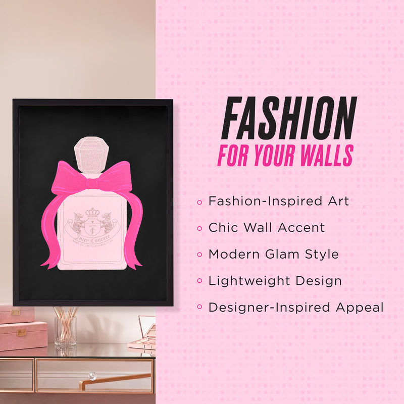 A sophisticated Shadow Box Wall Art, 18″ x 24″, featuring a chic pink perfume bottle design on a black background sits elegantly on a dresser. This fashion-inspired artwork serves as a modern glam wall accent and boasts a lightweight construction with designer-inspired appeal highlighted against its vibrant pink tones. Elevate your space with this Juicy Couture-themed wall art presented in an elegant shadow box format for an extra touch of style and sophistication.