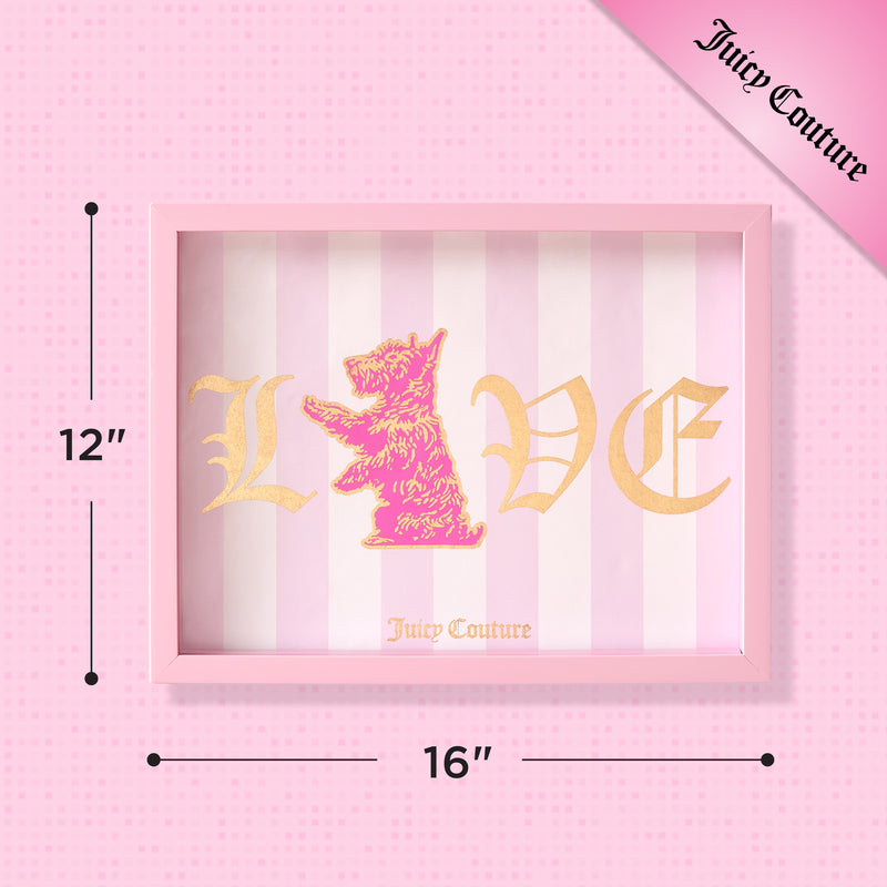 Presenting the Shadow Box Wall Art, 12″ x 16″: this Juicy Couture piece features a pink frame and a playful design with LOVE written in gold gothic font—the O replaced by a bear. Set against pink and white stripes, it’s adorned with Juicy Couture text at both the bottom and top right corner, making it a stylish fashion-inspired accent for any space.